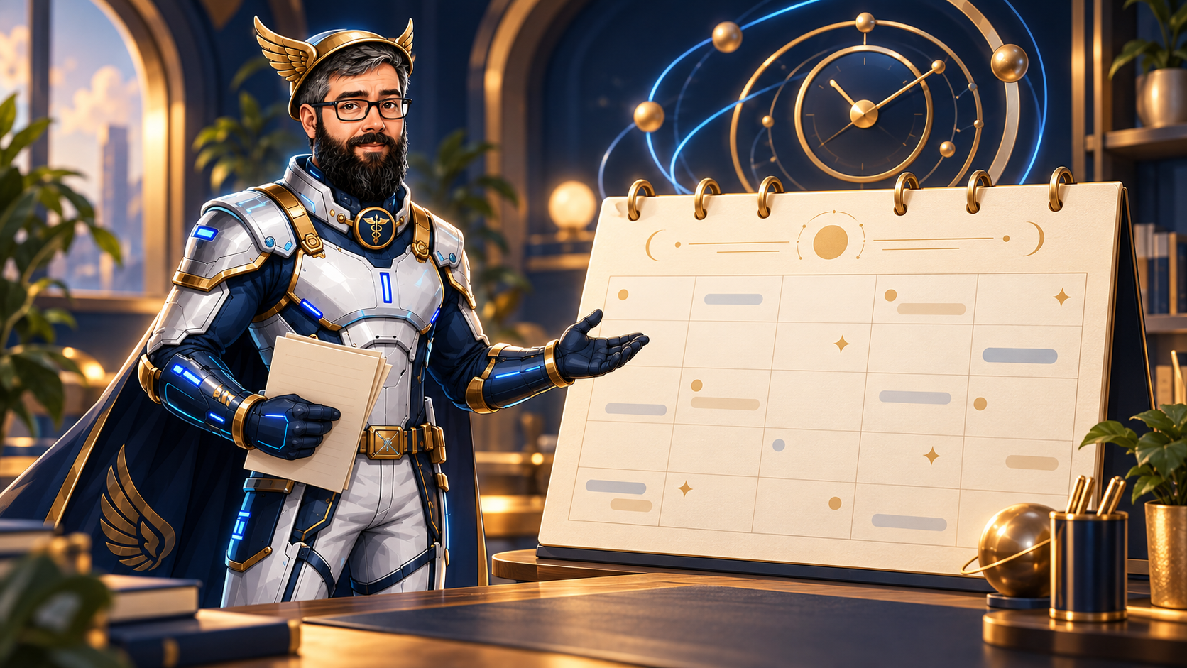 BeemOps calendar keeper beside an orbital clock