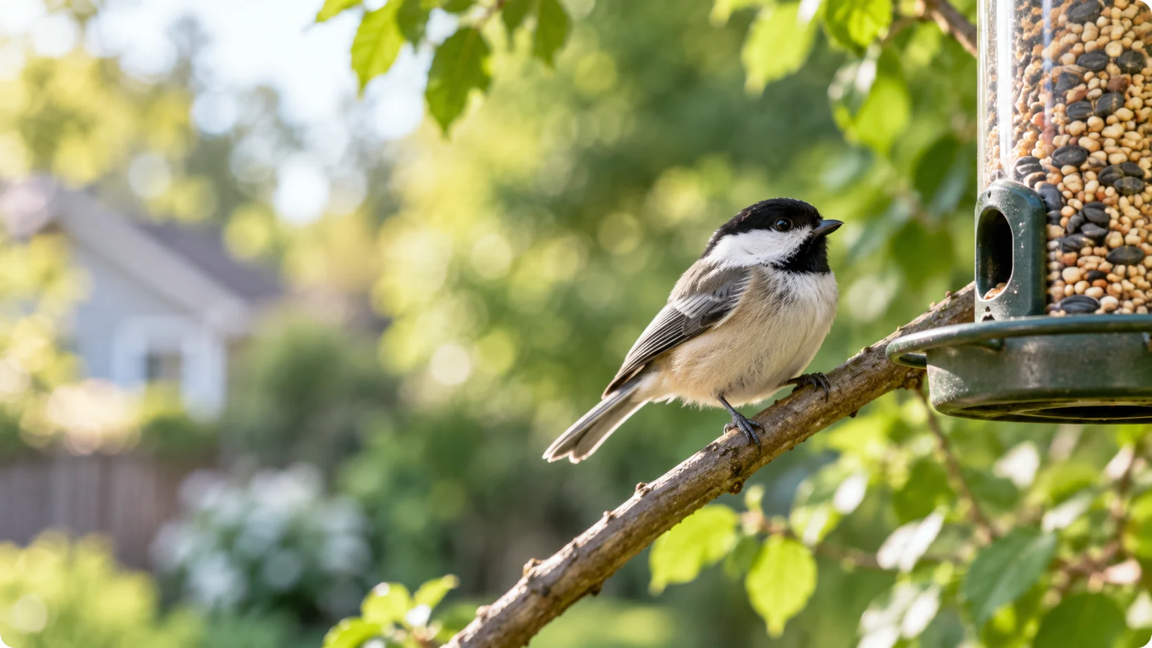 A black-capped chickadee perched near a backyard feeder