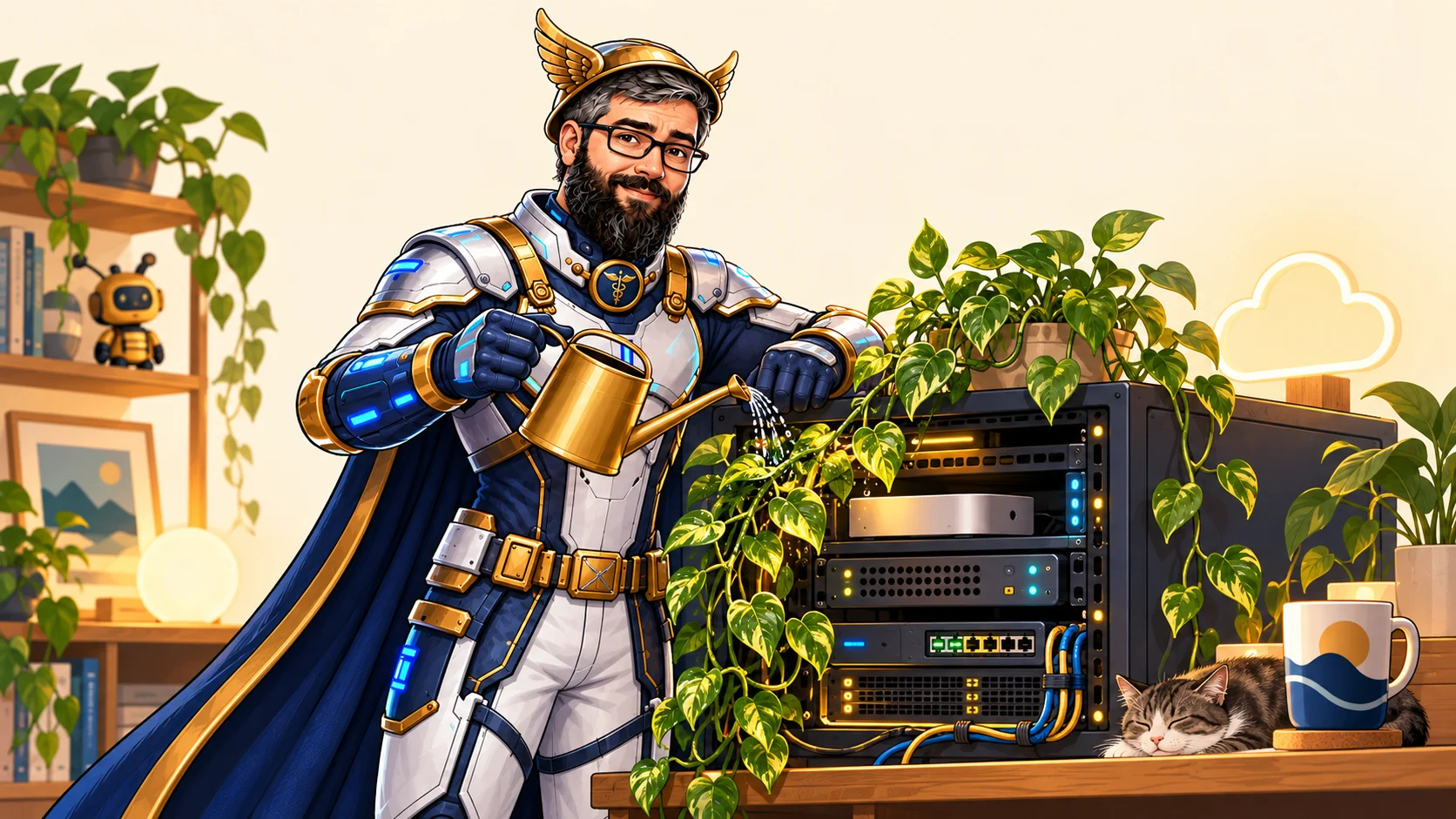 BeemOps character tending a plant beside a home server rack
