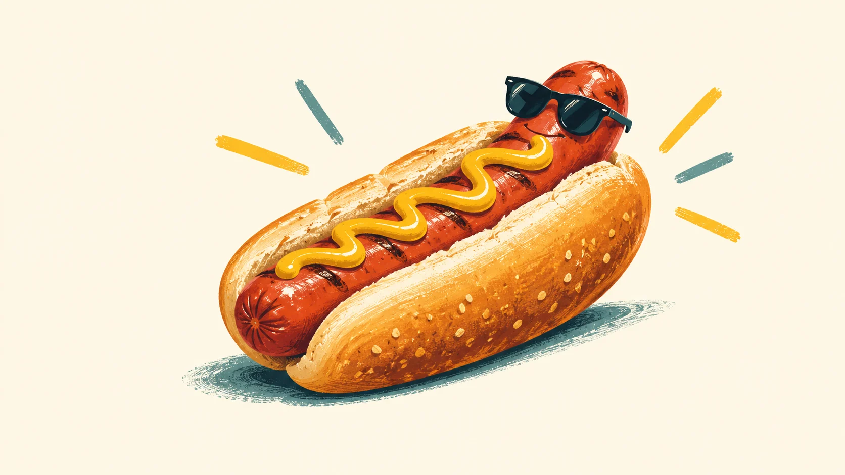 A fanciful hot dog wearing sunglasses
