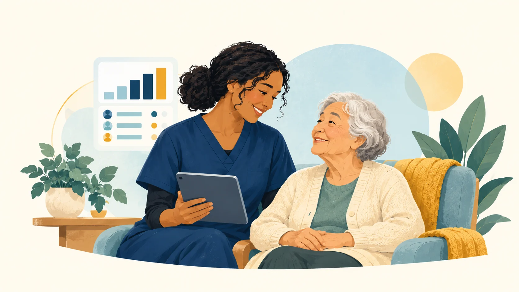 A nurse and an older adult reviewing information together